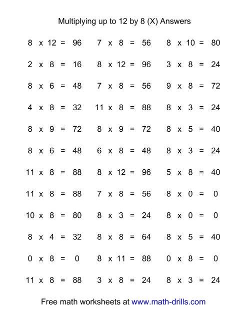 The 36 Horizontal Multiplication Facts Questions -- 8 by 0-12 (X) Math Worksheet Page 2