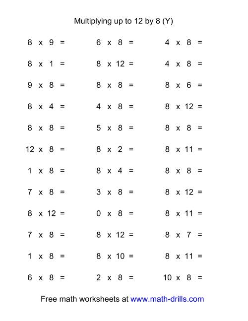 The 36 Horizontal Multiplication Facts Questions -- 8 by 0-12 (Y) Math Worksheet