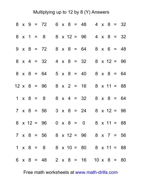 The 36 Horizontal Multiplication Facts Questions -- 8 by 0-12 (Y) Math Worksheet Page 2