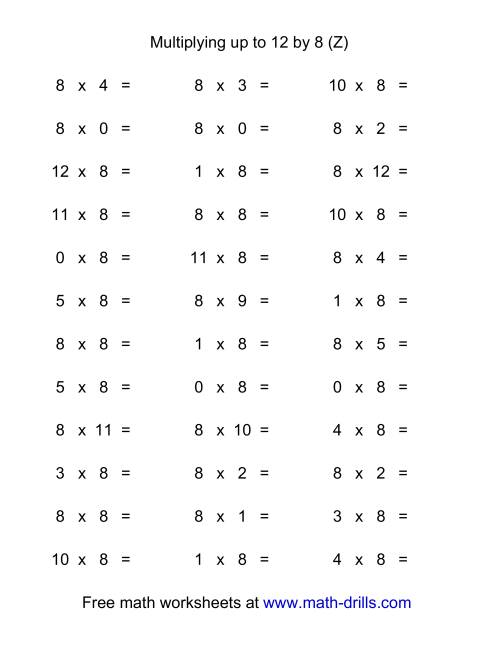 The 36 Horizontal Multiplication Facts Questions -- 8 by 0-12 (Z) Math Worksheet