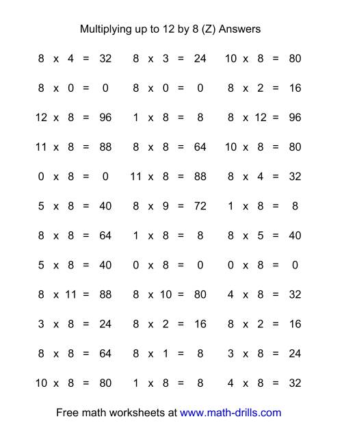 The 36 Horizontal Multiplication Facts Questions -- 8 by 0-12 (Z) Math Worksheet Page 2