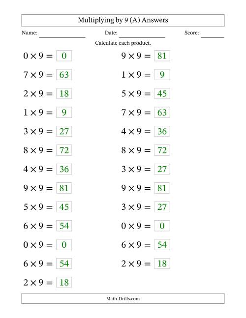 The Horizontally Arranged Multiplying (0 to 9) by 9 (25 Questions; Large Print) (A) Math Worksheet Page 2