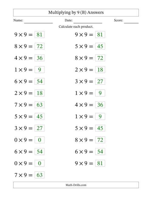 The Horizontally Arranged Multiplying (0 to 9) by 9 (25 Questions; Large Print) (B) Math Worksheet Page 2