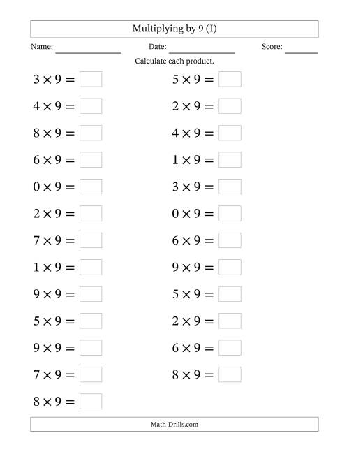The Horizontally Arranged Multiplying (0 to 9) by 9 (25 Questions; Large Print) (I) Math Worksheet