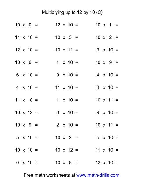 The 36 Horizontal Multiplication Facts Questions -- 10 by 0-12 (C) Math Worksheet