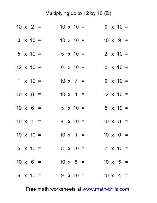 The 36 Horizontal Multiplication Facts Questions -- 10 by 0-12 (D) Math Worksheet