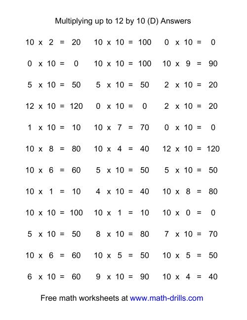 The 36 Horizontal Multiplication Facts Questions -- 10 by 0-12 (D) Math Worksheet Page 2