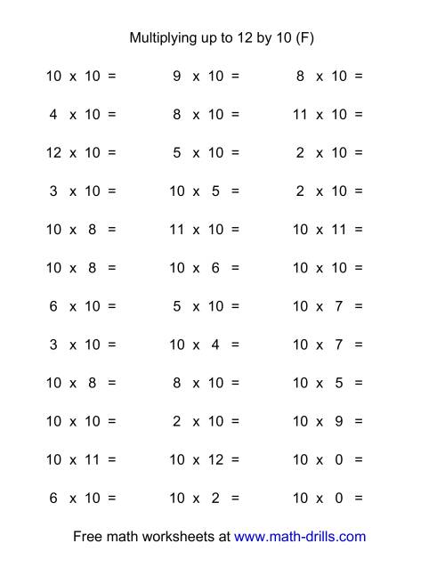 The 36 Horizontal Multiplication Facts Questions -- 10 by 0-12 (F) Math Worksheet