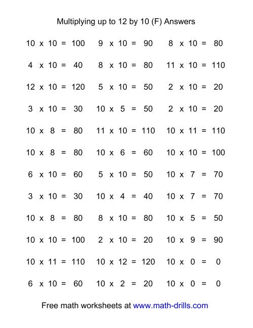 The 36 Horizontal Multiplication Facts Questions -- 10 by 0-12 (F) Math Worksheet Page 2