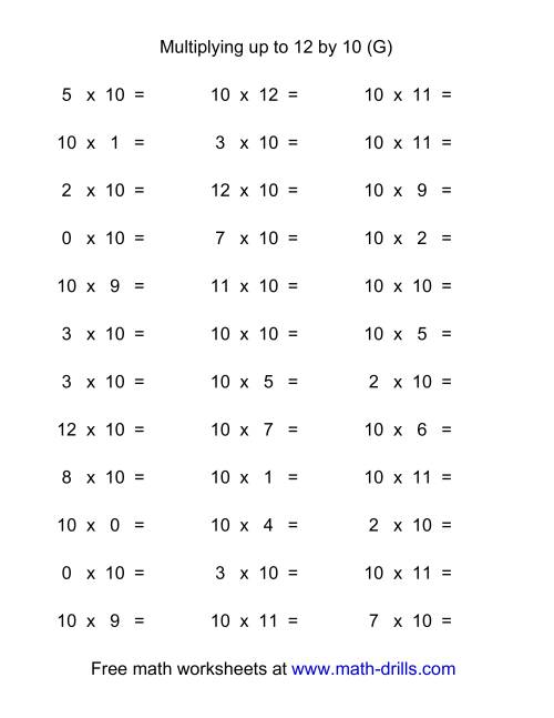 The 36 Horizontal Multiplication Facts Questions -- 10 by 0-12 (G) Math Worksheet