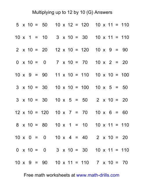 The 36 Horizontal Multiplication Facts Questions -- 10 by 0-12 (G) Math Worksheet Page 2