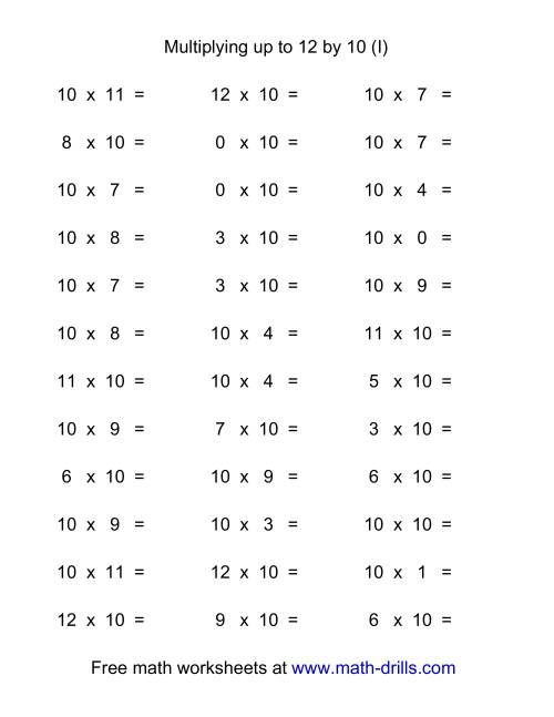 The 36 Horizontal Multiplication Facts Questions -- 10 by 0-12 (I) Math Worksheet