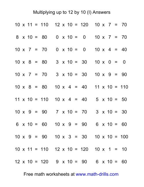 The 36 Horizontal Multiplication Facts Questions -- 10 by 0-12 (I) Math Worksheet Page 2