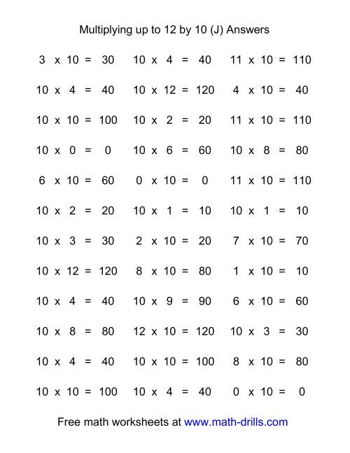 The 36 Horizontal Multiplication Facts Questions -- 10 by 0-12 (J) Math Worksheet Page 2