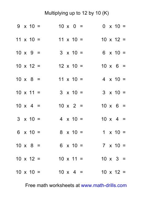 The 36 Horizontal Multiplication Facts Questions -- 10 by 0-12 (K) Math Worksheet