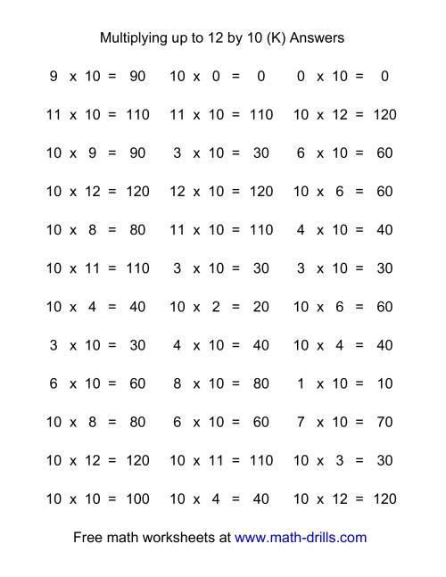 The 36 Horizontal Multiplication Facts Questions -- 10 by 0-12 (K) Math Worksheet Page 2