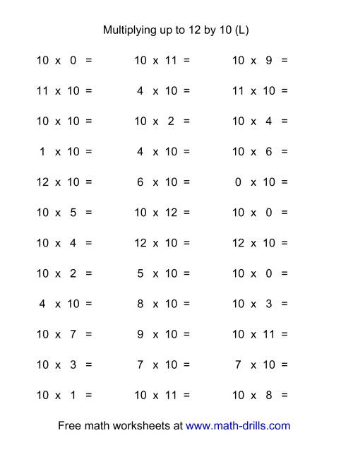 The 36 Horizontal Multiplication Facts Questions -- 10 by 0-12 (L) Math Worksheet