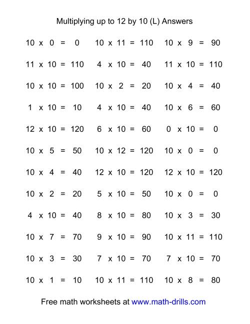 The 36 Horizontal Multiplication Facts Questions -- 10 by 0-12 (L) Math Worksheet Page 2