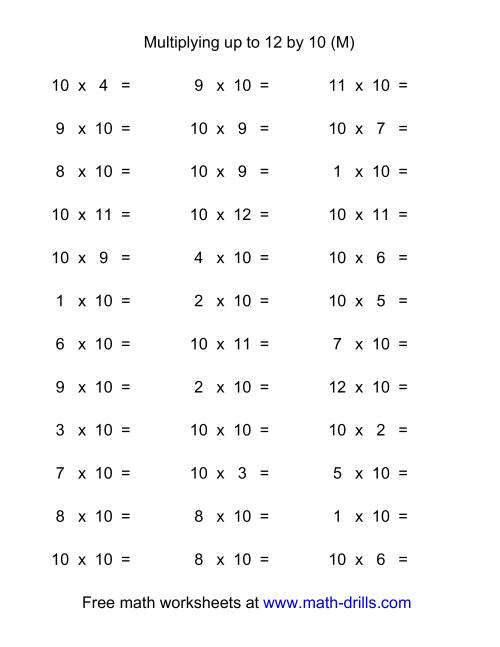 The 36 Horizontal Multiplication Facts Questions -- 10 by 0-12 (M) Math Worksheet