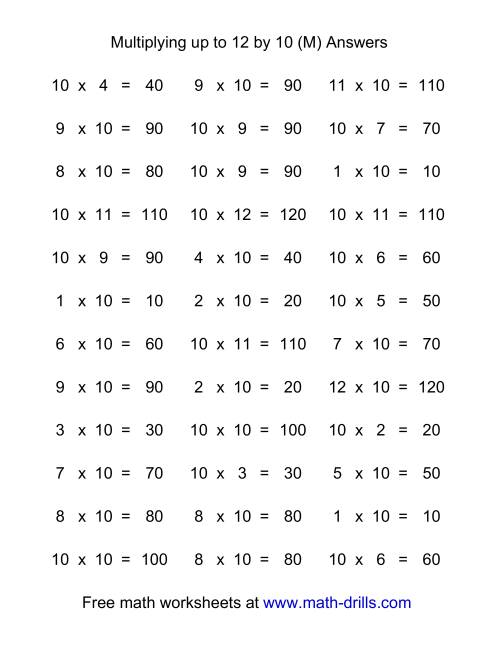 The 36 Horizontal Multiplication Facts Questions -- 10 by 0-12 (M) Math Worksheet Page 2