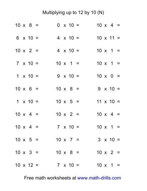 The 36 Horizontal Multiplication Facts Questions -- 10 by 0-12 (N) Math Worksheet