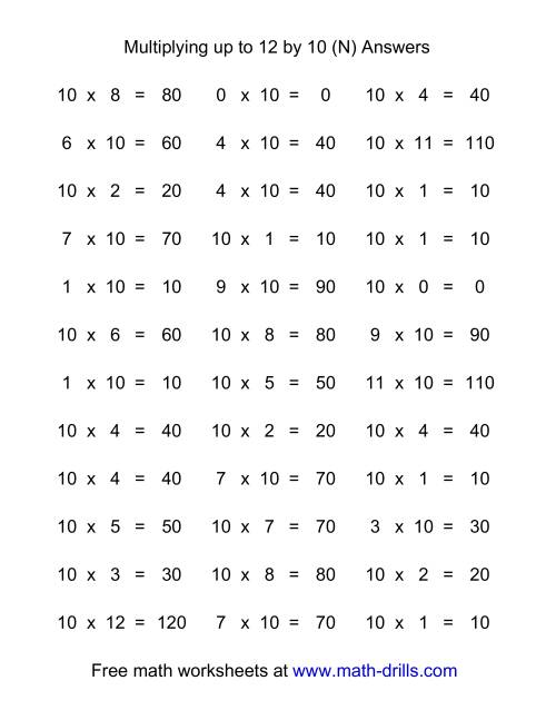 The 36 Horizontal Multiplication Facts Questions -- 10 by 0-12 (N) Math Worksheet Page 2