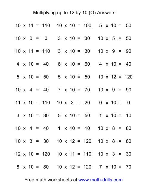 The 36 Horizontal Multiplication Facts Questions -- 10 by 0-12 (O) Math Worksheet Page 2