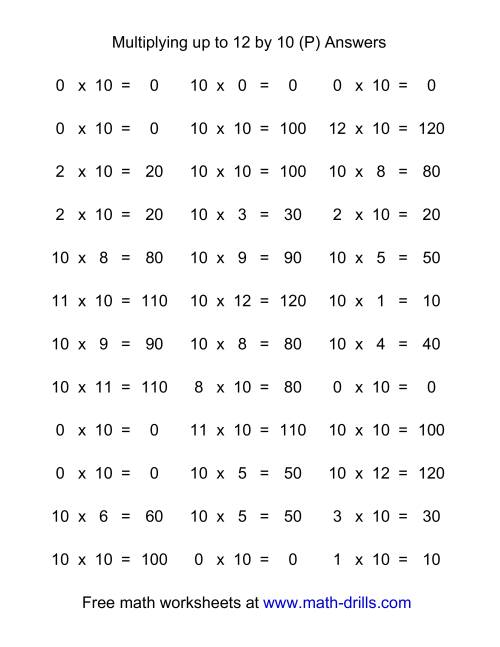 The 36 Horizontal Multiplication Facts Questions -- 10 by 0-12 (P) Math Worksheet Page 2