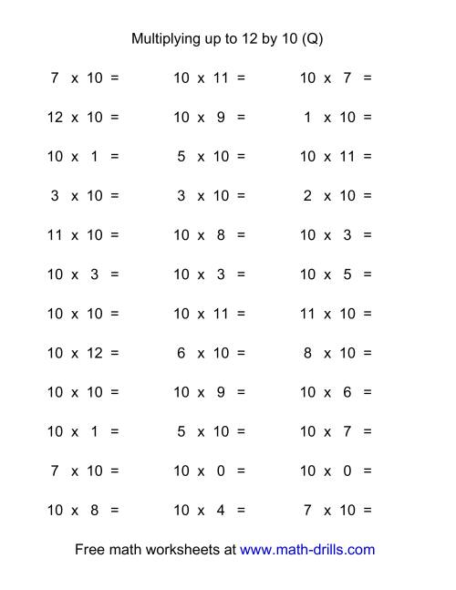 The 36 Horizontal Multiplication Facts Questions -- 10 by 0-12 (Q) Math Worksheet