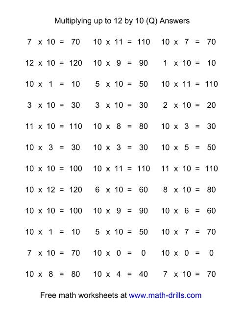 The 36 Horizontal Multiplication Facts Questions -- 10 by 0-12 (Q) Math Worksheet Page 2