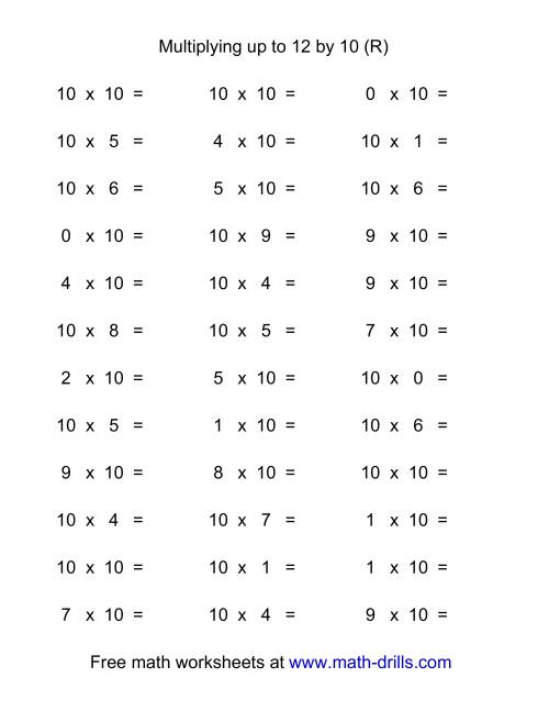 The 36 Horizontal Multiplication Facts Questions -- 10 by 0-12 (R) Math Worksheet