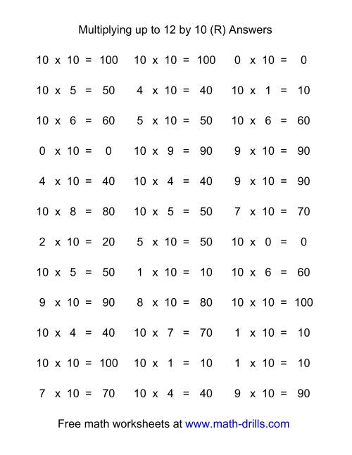 The 36 Horizontal Multiplication Facts Questions -- 10 by 0-12 (R) Math Worksheet Page 2
