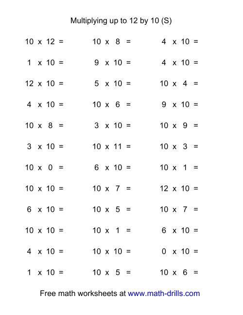 The 36 Horizontal Multiplication Facts Questions -- 10 by 0-12 (S) Math Worksheet