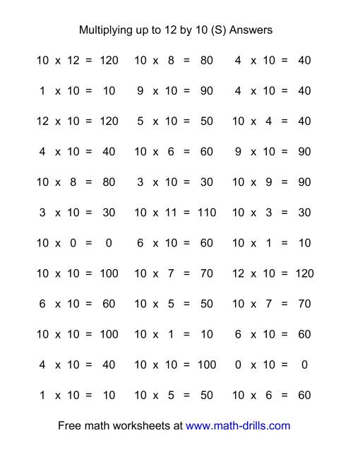 The 36 Horizontal Multiplication Facts Questions -- 10 by 0-12 (S) Math Worksheet Page 2