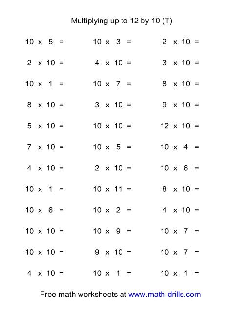The 36 Horizontal Multiplication Facts Questions -- 10 by 0-12 (T) Math Worksheet
