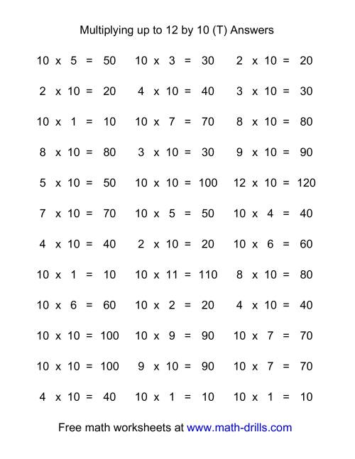 The 36 Horizontal Multiplication Facts Questions -- 10 by 0-12 (T) Math Worksheet Page 2