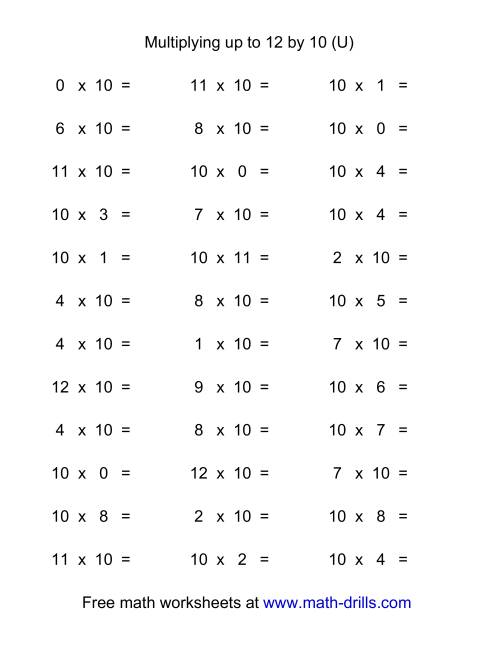 The 36 Horizontal Multiplication Facts Questions -- 10 by 0-12 (U) Math Worksheet
