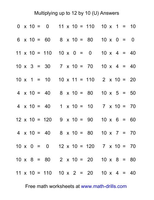 The 36 Horizontal Multiplication Facts Questions -- 10 by 0-12 (U) Math Worksheet Page 2