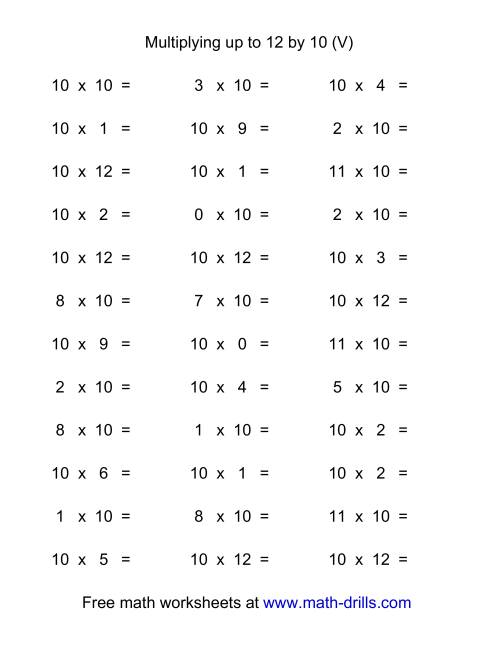 The 36 Horizontal Multiplication Facts Questions -- 10 by 0-12 (V) Math Worksheet