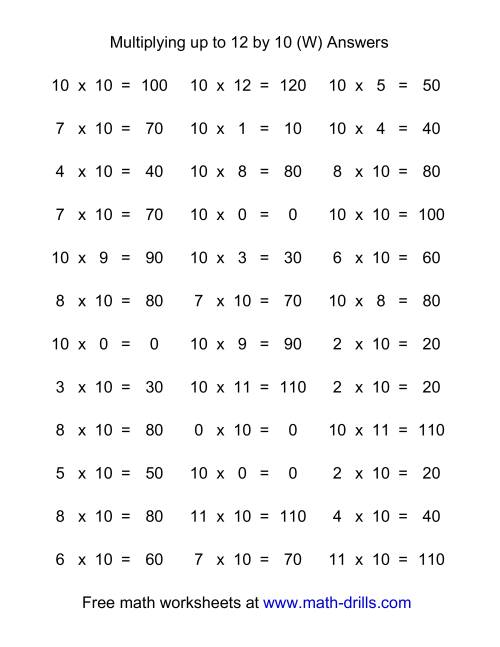 The 36 Horizontal Multiplication Facts Questions -- 10 by 0-12 (W) Math Worksheet Page 2
