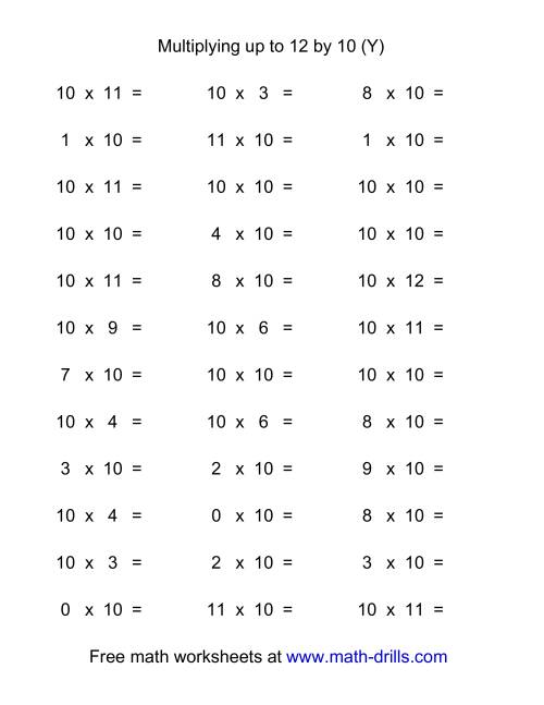The 36 Horizontal Multiplication Facts Questions -- 10 by 0-12 (Y) Math Worksheet