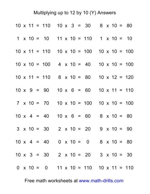 The 36 Horizontal Multiplication Facts Questions -- 10 by 0-12 (Y) Math Worksheet Page 2