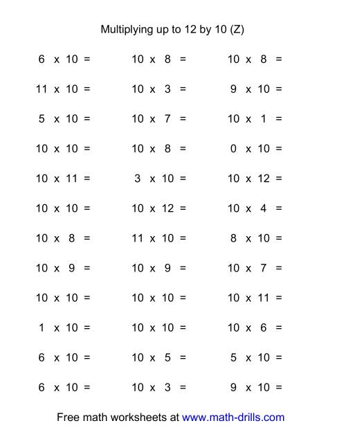 The 36 Horizontal Multiplication Facts Questions -- 10 by 0-12 (Z) Math Worksheet