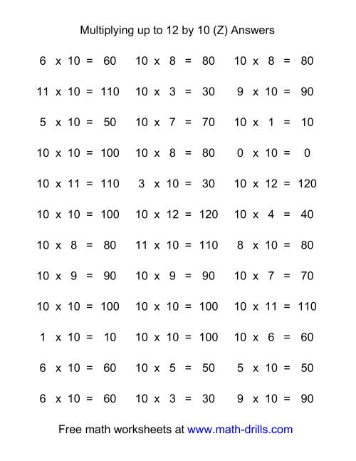 The 36 Horizontal Multiplication Facts Questions -- 10 by 0-12 (Z) Math Worksheet Page 2