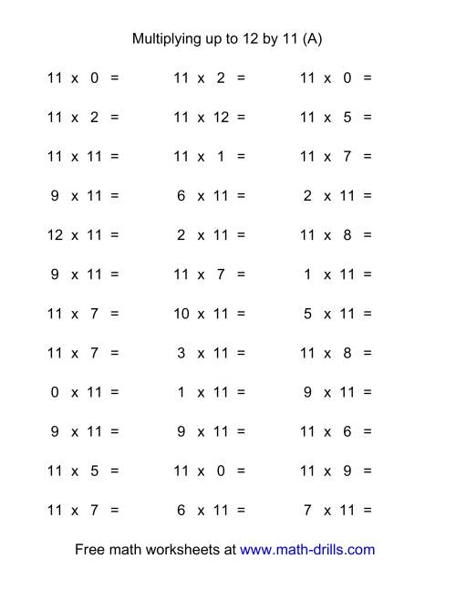 36 Horizontal Multiplication Facts Questions -- 11 by 0-12 (A)