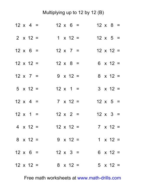 The 36 Horizontal Multiplication Facts Questions -- 12 by 0-12 (B) Math Worksheet