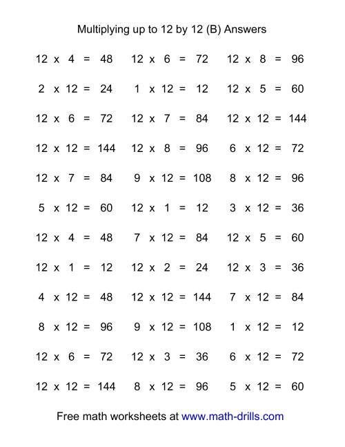 The 36 Horizontal Multiplication Facts Questions -- 12 by 0-12 (B) Math Worksheet Page 2