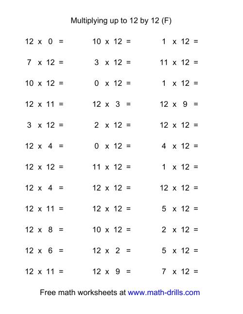 The 36 Horizontal Multiplication Facts Questions -- 12 by 0-12 (F) Math Worksheet