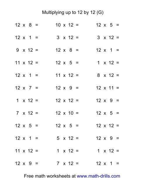 The 36 Horizontal Multiplication Facts Questions -- 12 by 0-12 (G) Math Worksheet