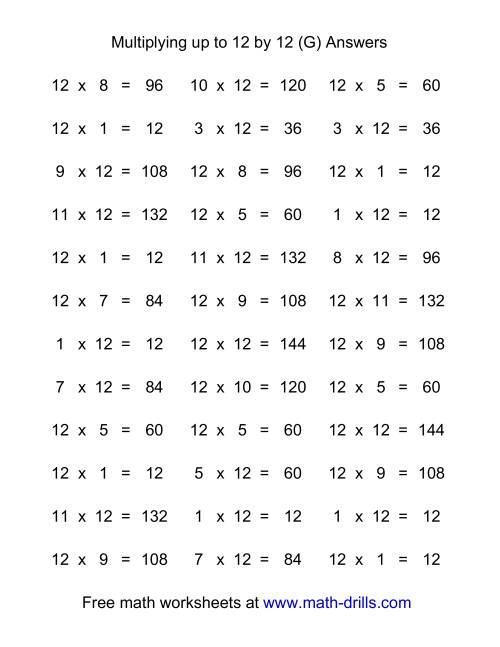 The 36 Horizontal Multiplication Facts Questions -- 12 by 0-12 (G) Math Worksheet Page 2